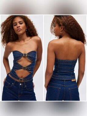 Lioness NWT Dark Denim Buckle Corset Tube Top Size XS Cropped Adjustable New